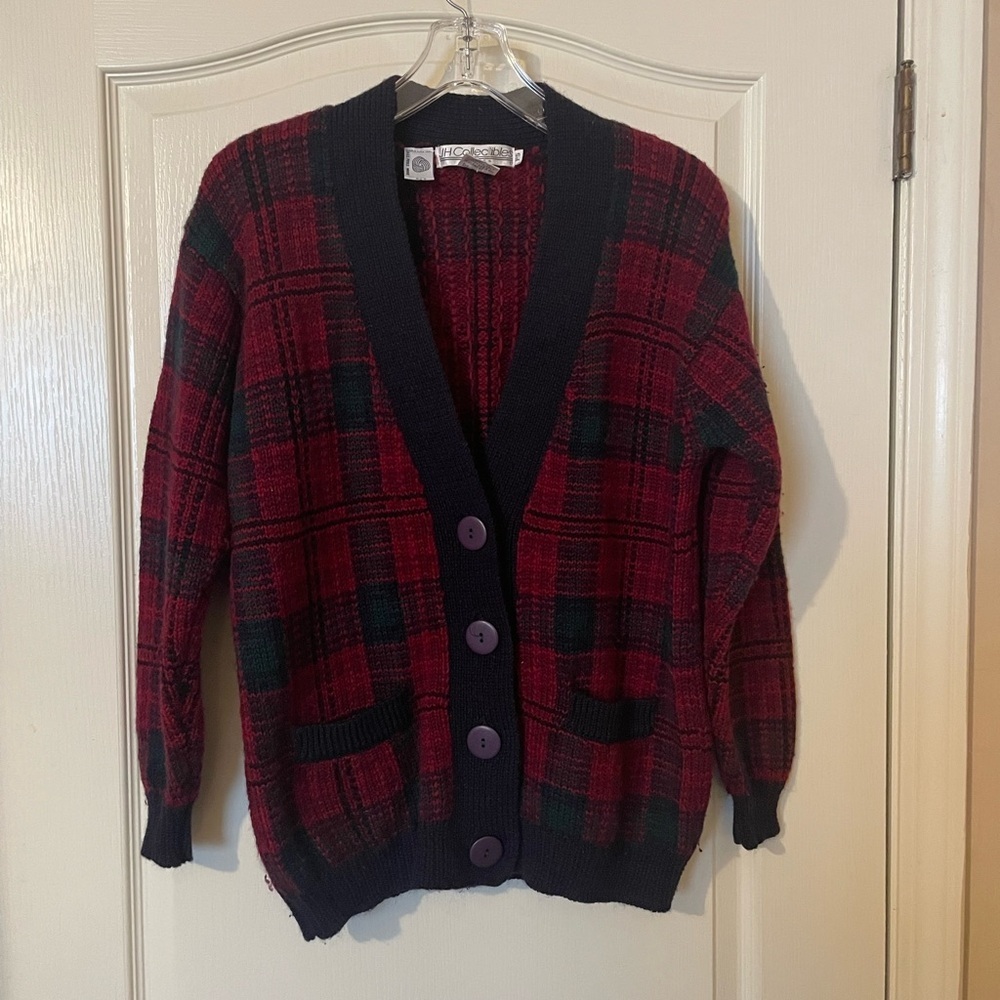 Vintage 90s JH Collectibles Plaid Cardigan Sweater 100% Wool Navy Plaid Size PS - Picture 5 of 6